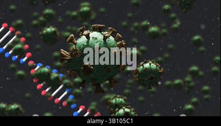 Image of dna strand spinning over covid 19 cells falling on dark background Stock Photo