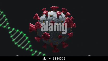Image of dna strand spinning over covid 19 cell falling on dark background Stock Photo