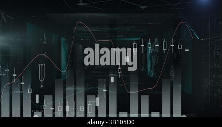 Statistical data processing and multiple screens with mathematical equations on black background Stock Photo