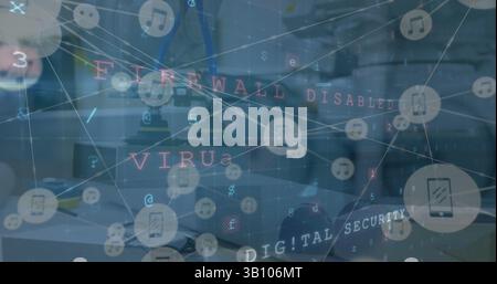 Image of warning text and network of connections over office Stock Photo