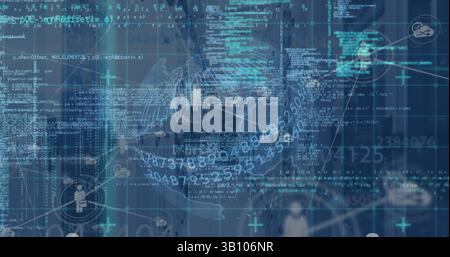 Image of warning text and network of connections over blue background Stock Photo