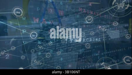 Image of warning text and network of connections over office Stock Photo