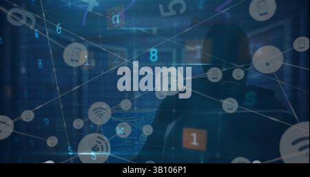 Image of digital interface and network of connections over hacker Stock Photo