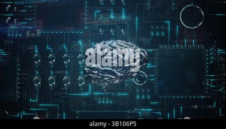 Brain spinning over security padlock icon against microprocessor connections on blue background Stock Photo