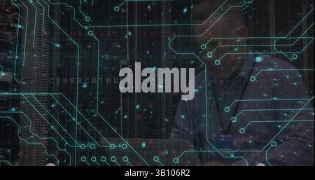 Image of digital padlock and integrated circuit over caucasian male programmer Stock Photo