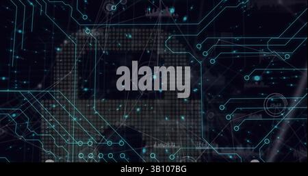 Image of data processing and digital padlock over integrated circuit on black background Stock Photo
