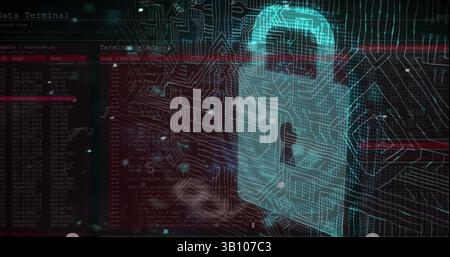 Multiple changing numbers and letters against security padlock icon and microprocessor connections Stock Photo
