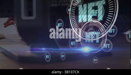 Nft text on multiple round scanners against close up of person hands using computer Stock Photo