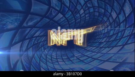 Image of nft over tunnel made of blue digital screens Stock Photo