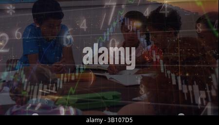 Financial data processing against group of diverse students studying in a class at school Stock Photo