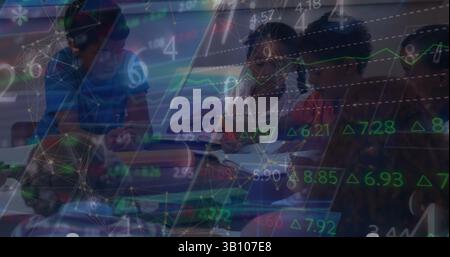 Financial data processing against group of diverse students studying in a class at school Stock Photo