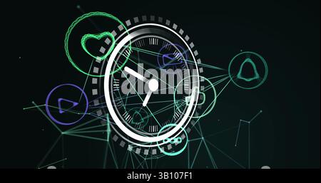 Image of clock moving over connections with social media icons on black background Stock Photo