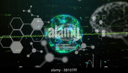 Medical data processing over globe of plexus networks spinning against black background Stock Photo