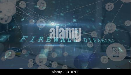 Image of warning text and network of connections over office Stock Photo
