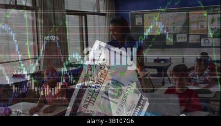 Financial data processing and us dollar bill against african american female teacher at school Stock Photo