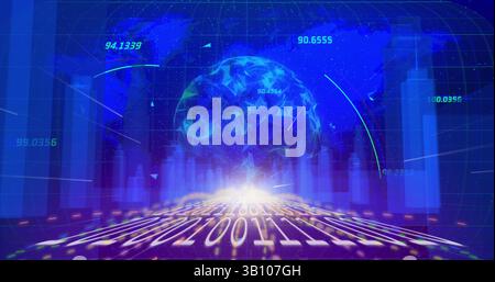 Binary coding and spinning globe against 3d cityscape and world map on blue background Stock Photo
