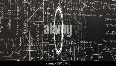 Image of clock moving over math formulas on black background Stock Photo