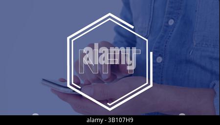 Image of nft in hexagon over hands of caucasian man using smartphone Stock Photo
