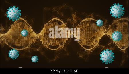 Golden wireframe DNA double helix extending in dark 3D background, with floating virus particles Stock Photo