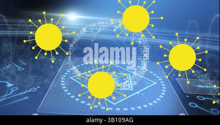 Projecting wireframe car model floating in virtual holographic space, with yellow virus icons Stock Photo