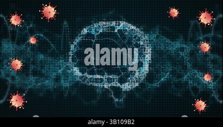 Pulsing blue neural-network brain mesh glowing in dark grid backdrop, with floating red virus icons Stock Photo