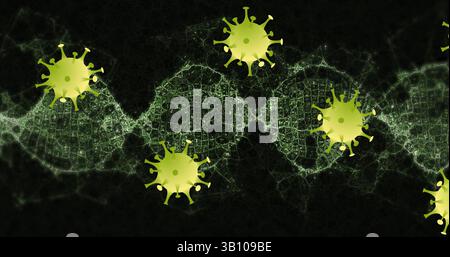 Displaying green DNA double helix glowing across digital mesh, with yellow-green virus particles Stock Photo