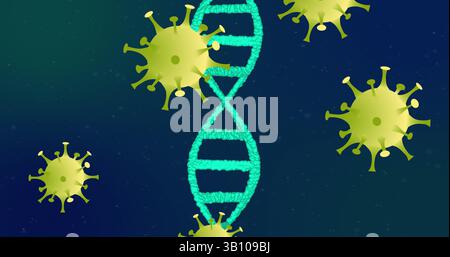 Displaying stylized turquoise DNA helix floating in abstract digital scene, with virus particles Stock Photo