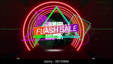 Image of huge sale text over shapes, data processing and neon tunnel Stock Photo