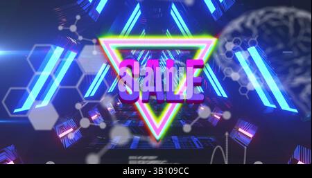 Image of sale over tunnel made of neon triangles and chemical formulas Stock Photo