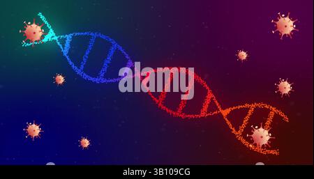 Showing DNA double helix flowing across abstract digital background, with virus-like particles Stock Photo