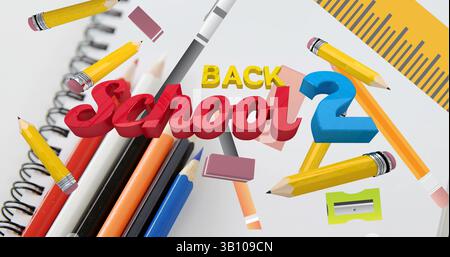 Image of back 2 school text and stationery moving over coloured pencils and school notebook Stock Photo