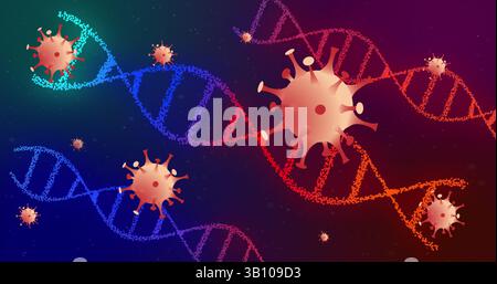Floating large stylized virus particle drifting over abstract molecular art, with DNA helix strands Stock Photo