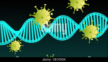 Displaying 3D cyan-blue DNA double helix twisting through abstract space, with virus-like particles Stock Photo