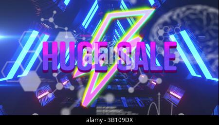 Image of huge sale text over shapes, data processing and neon tunnel Stock Photo