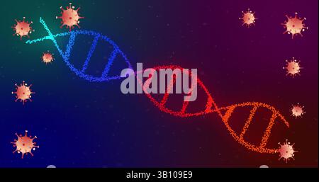 Displaying vibrant DNA double helix spiraling in abstract space, with stylized virus particles Stock Photo