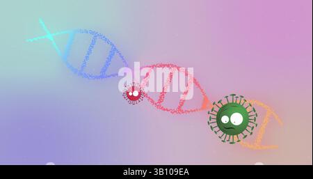 Displaying dot-based DNA helix floating in pastel backdrop, with red and green virus figures Stock Photo