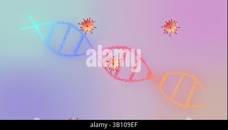 Displaying DNA double helix formed by colored dots in digital illustration, with spiky virus icons Stock Photo