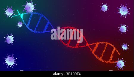 Displaying DNA double helix spiraling in dark digital backdrop, with floating virus-like particles Stock Photo