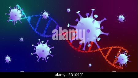 Floating purple virus-like particles drifting around colored DNA helix in digital space, dark field Stock Photo