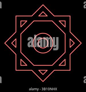 Neon symbol Rub el Hizb Islam Ramadan equilibrium of static dynamic Sacred geometry red color vector illustration image flat style light Stock Vector