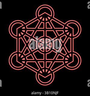 Neon metatron cube Sacred geometry red color vector illustration image flat style light Stock Vector