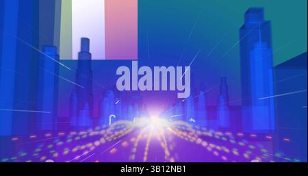 Image of icons and light moving over cityscape landscape Stock Photo
