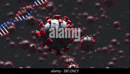 Image of dna strand spinning over covid 19 cells falling ondark background Stock Photo