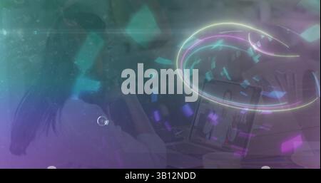 Image of neon tunnel and 5g moving fast over female lab worker Stock Photo