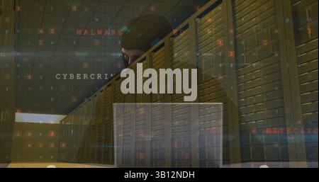 Image of data processing over caucasian male hacker and computer servers Stock Photo