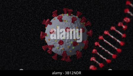 Image of dna strand spinning over covid 19 cell falling on dark background Stock Photo