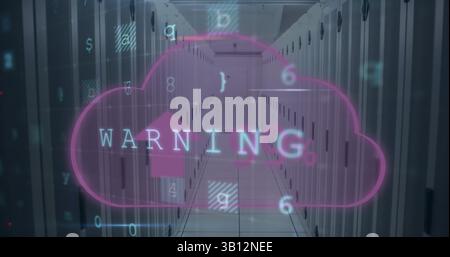 Image of cloud, warning text and data processing over computer servers in background Stock Photo