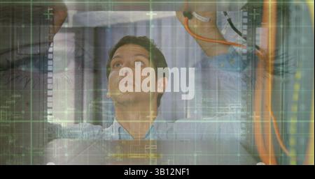 Image of data processing over computer servers and caucasian male it engineer Stock Photo