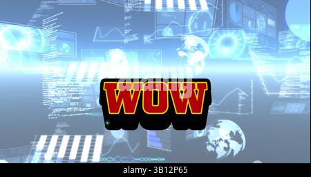 Image of wow text over scope scanning and data processing Stock Photo
