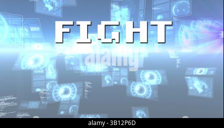 Image of fight text over scope scanning and data processing Stock Photo